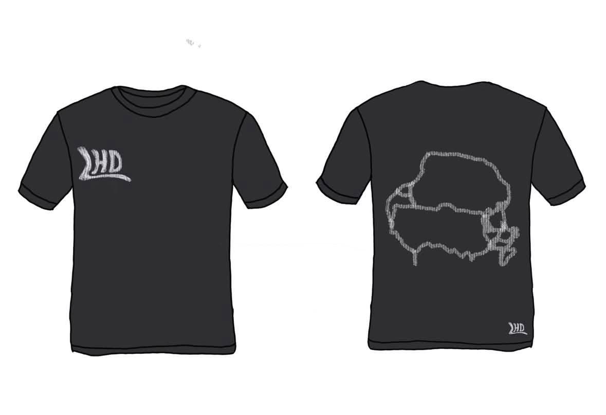 Front-and-back tee concept with an LHD chest mark and an outline graphic across the back
